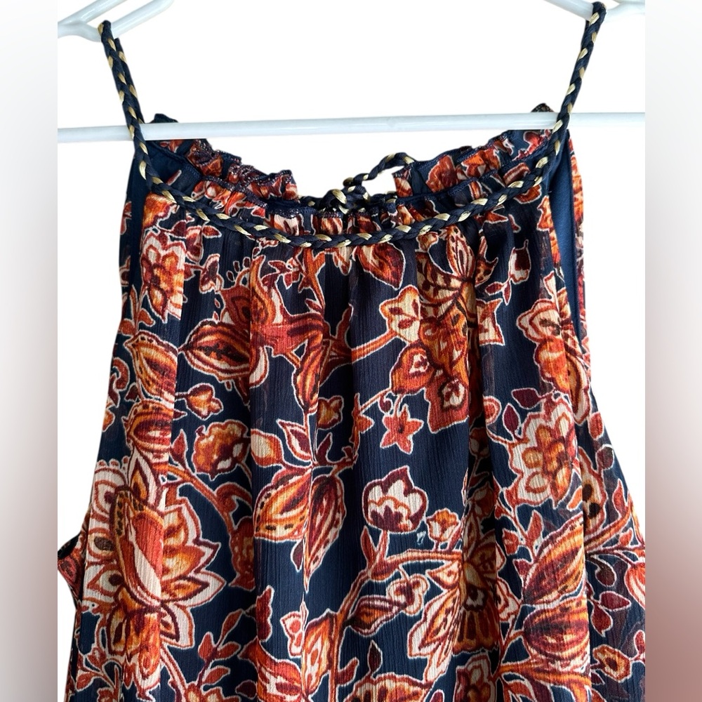 Xhileration Floral Maxi Boho Dress - Navy & Orange Floral. Tassel Ties & Slits - Picture 4 of 11